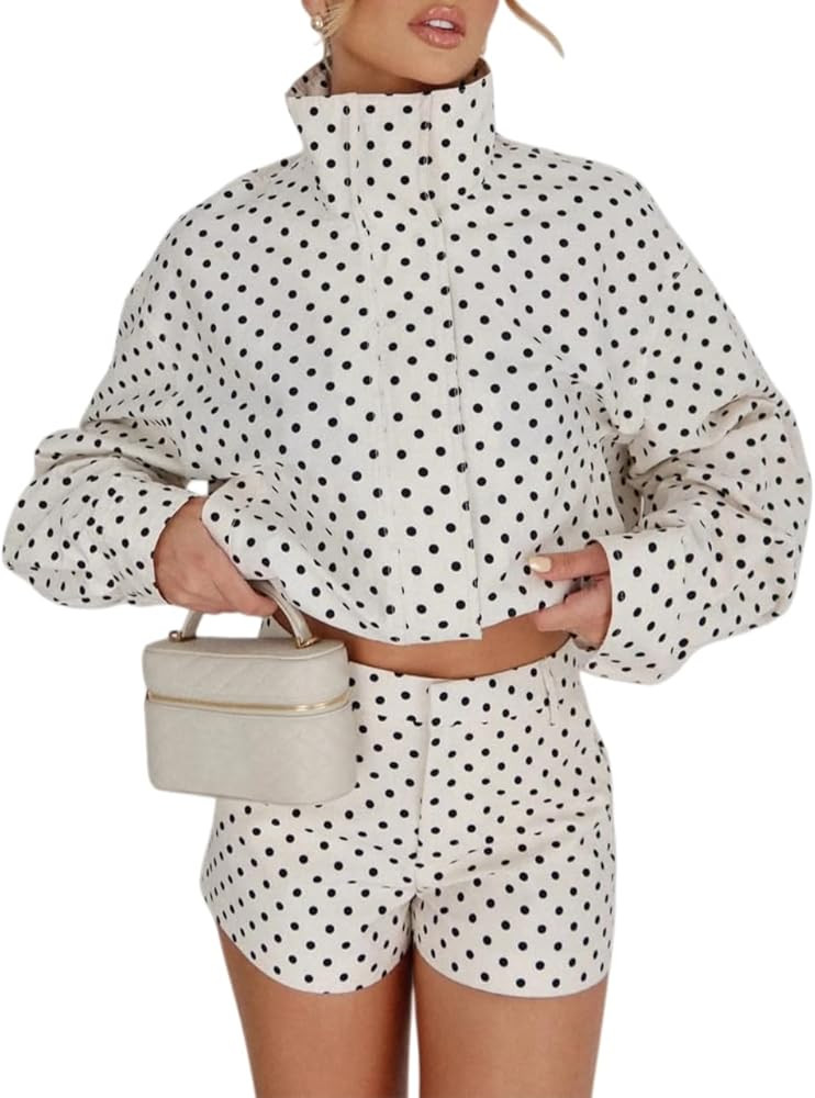 NIFTRIRY Two Piece Sets for Women Long Sleeve Zip Up Polka Dot Crop Jacket and Shorts Fashion Cas... | Amazon (US)