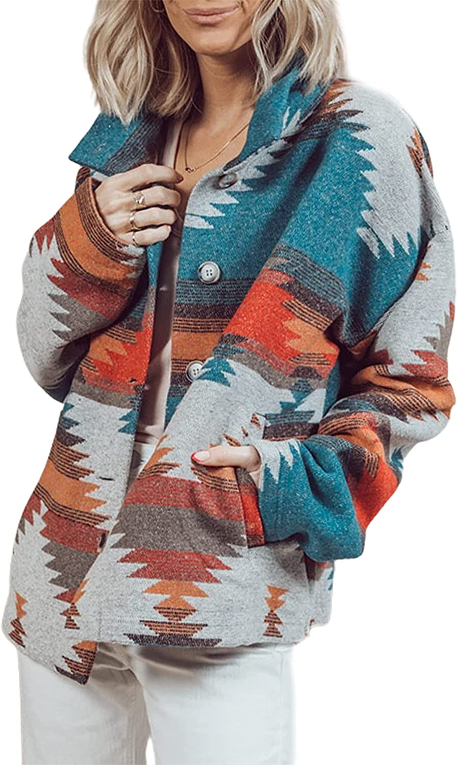 DanceeMangoos Women's Aztec Jacket Long Sleeve Button Up Western Shirt Jacket | Walmart (US)