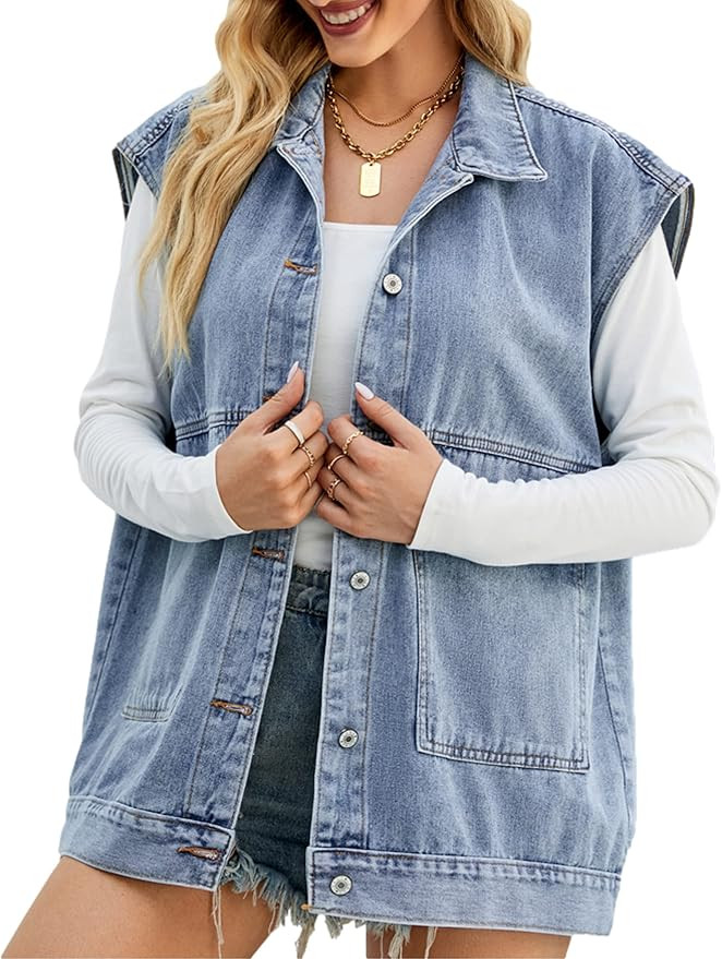 Oulivey Denim Jean Vest for Women Oversized Sleeveless Mid Long Button Down Denim Waistcoat | Amazon (US)