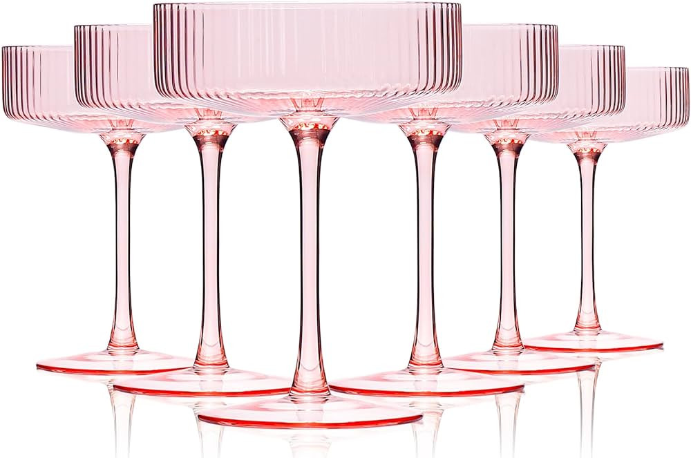 9 oz Pink martini glasses Vintage Art Deco Blush Pink Coupe Glasses Set of 6 Ribbed Martini Cockt... | Amazon (US)