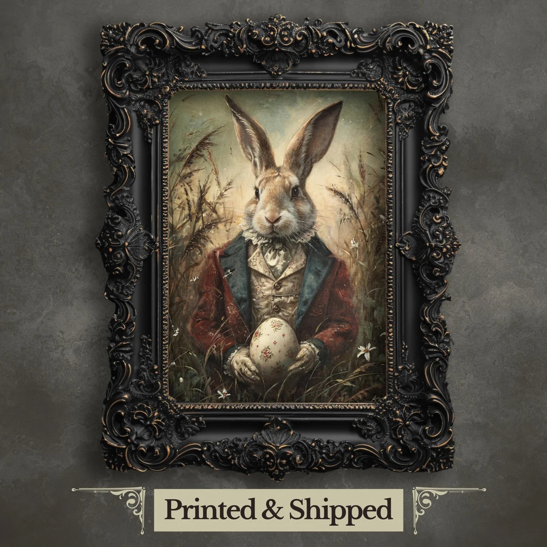 Victorian Easter Rabbit Wall Art Print Spring Animal Portrait Painting Vintage Hare Artwork Dark ... | Etsy (US)