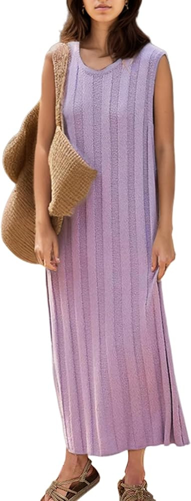SAFRISIOR Women Sleeveless Sweater Midi Dress Scoop Neck Loose Fit Knitted Dress Solid Casual Tan... | Amazon (US)
