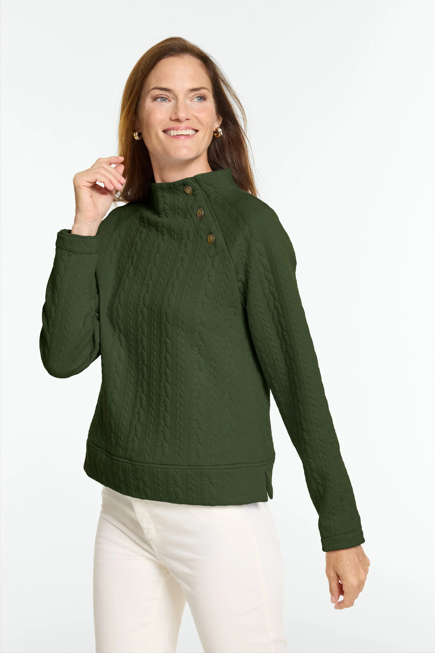 Cable Knit Button Shoulder Sweatshirt | Talbots