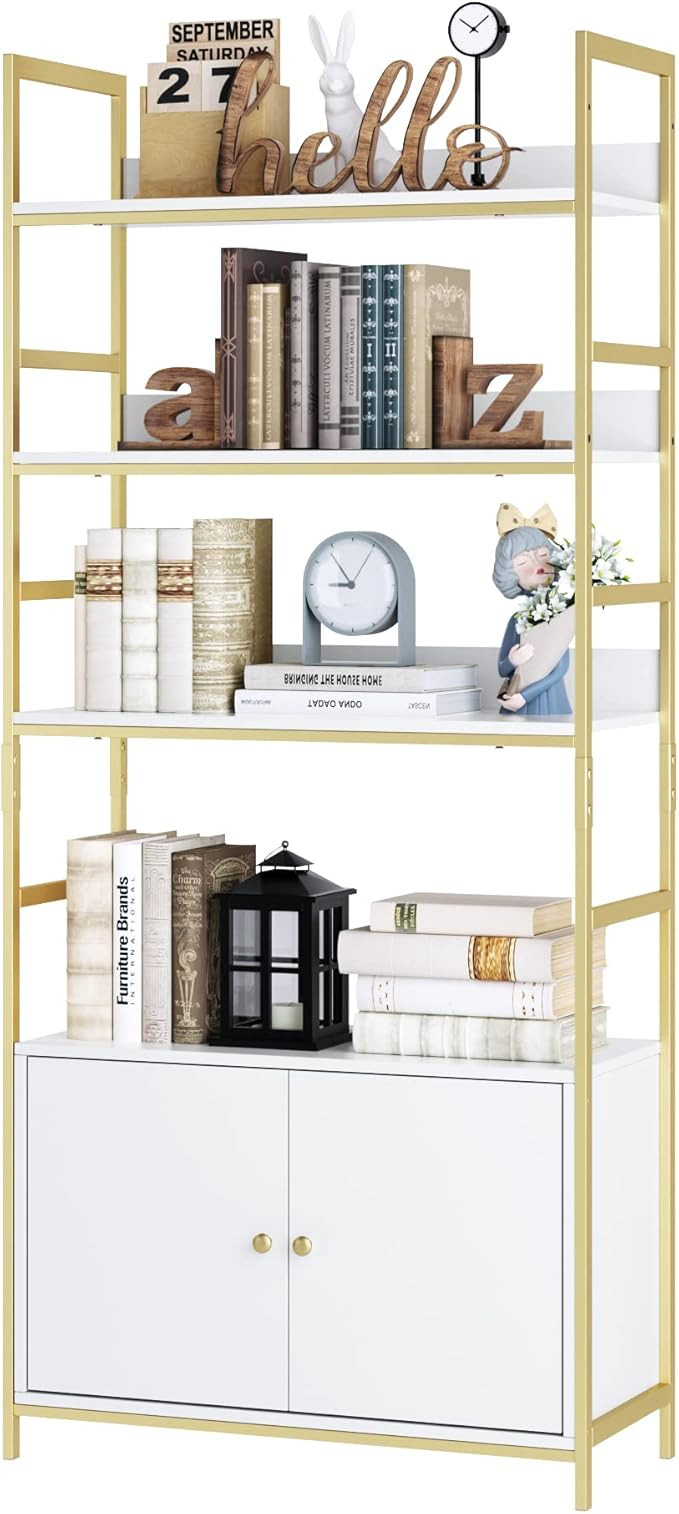 FINETONES Bookcase with 2 Cabinets, White and Gold Bookshelf with Doors and Metal Frame, Free Sta... | Amazon (US)