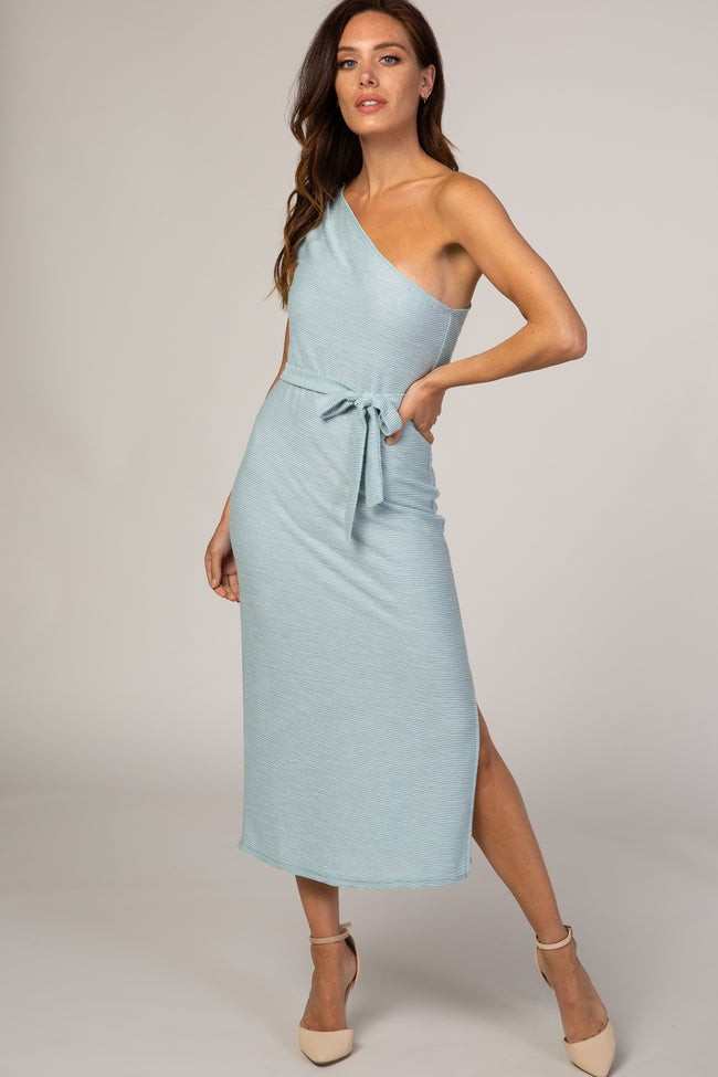 Light Blue One Shoulder Fitted Midi Dress | PinkBlush Maternity