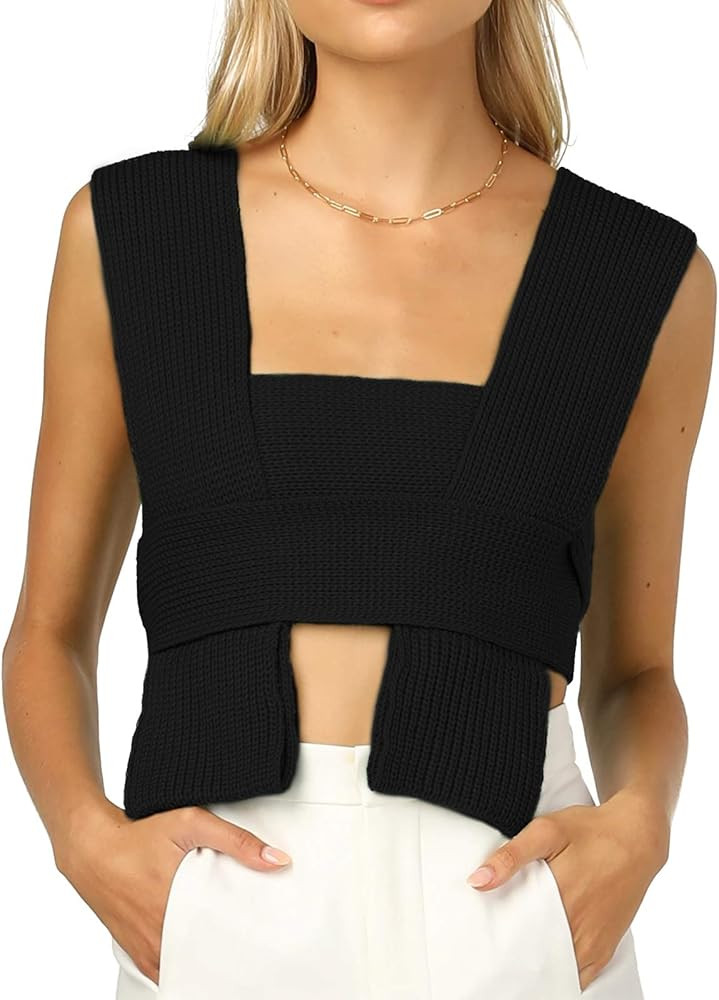Women’s Crop Sweater Top Sleeveless Tie Strappy Backless Knitted V Neck Casual Jumper Crop Tank... | Amazon (US)