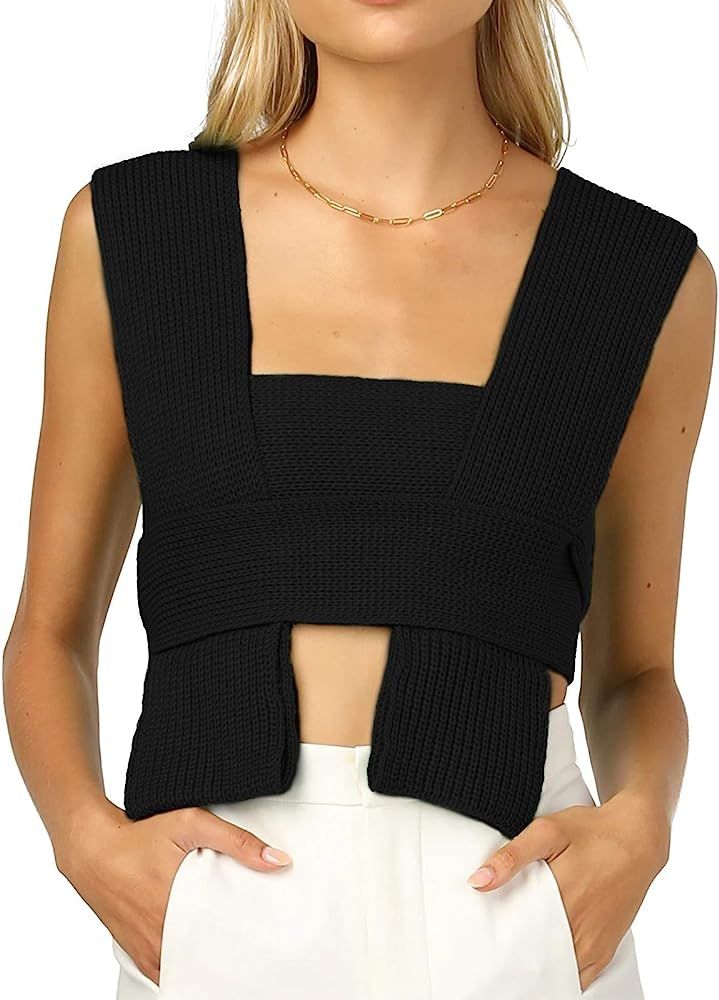 Women’s Crop Sweater Top Sleeveless Tie Strappy Backless Knitted V Neck Casual Jumper Crop Tank Cami | Amazon (US)