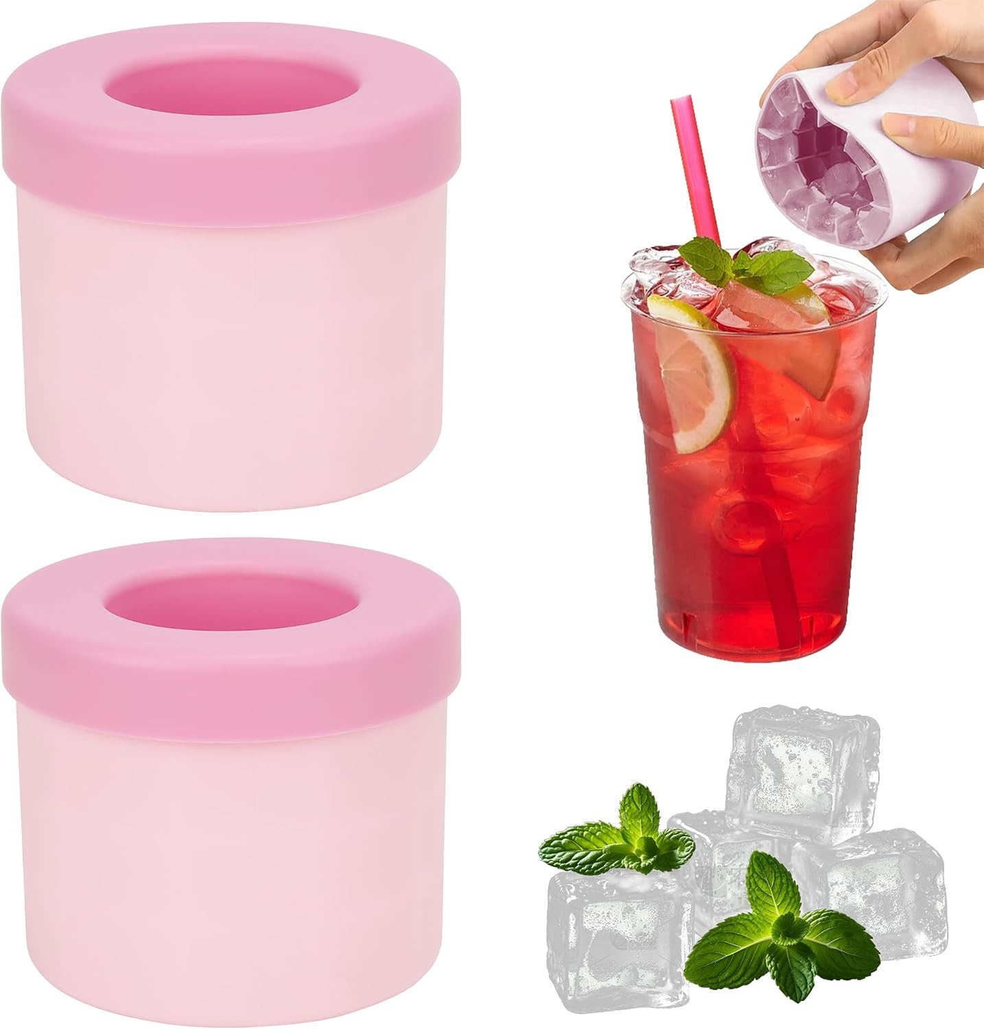 2 Pack Cylinder Silicone Ice Cube Molds, Easy-Release Ice Cube Trays for Cocktails, Whiskey, Coffee, Drinks, Portable Ice Bucket Maker Cup with Squeeze Design, 40 Pcs Ice Cubes Capacity (Pink) | Amazon (US)