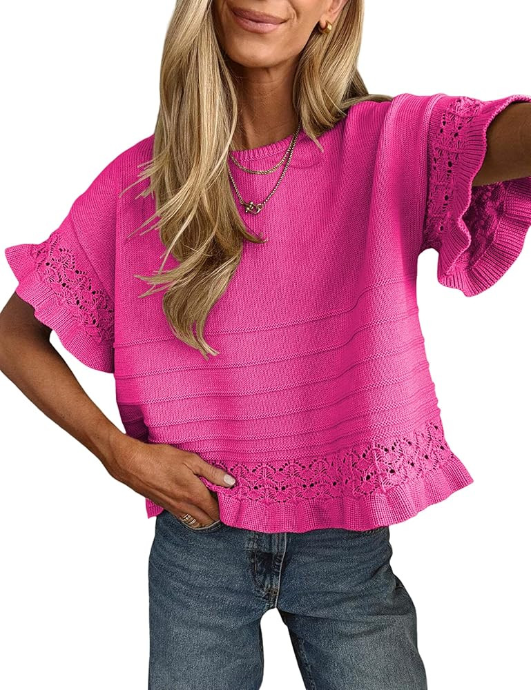 Yeokou Womens Short Sleeve Sweater Round Neck Ruffled Hem Knit Crochet Pullover Summer Fall Casua... | Amazon (US)