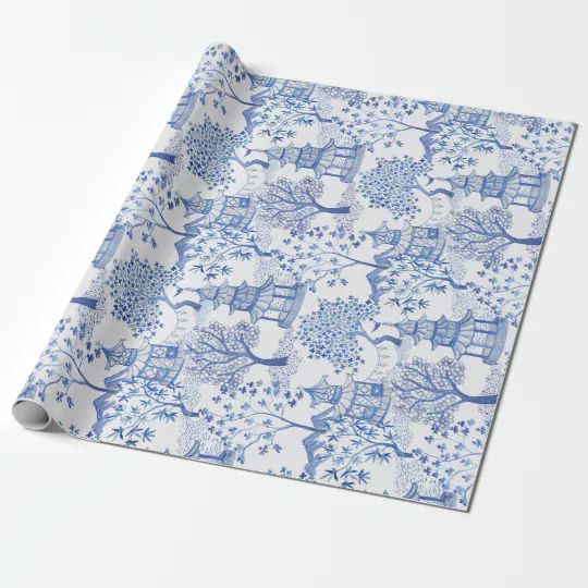 Pagoda Forest in Blue on White Wrapping Paper | Zazzle