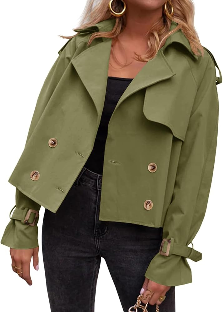 Tankaneo Womens Cropped Trench Coat Oversized Double Breasted Lapel Long Sleeve Short Jacket Fash... | Amazon (US)