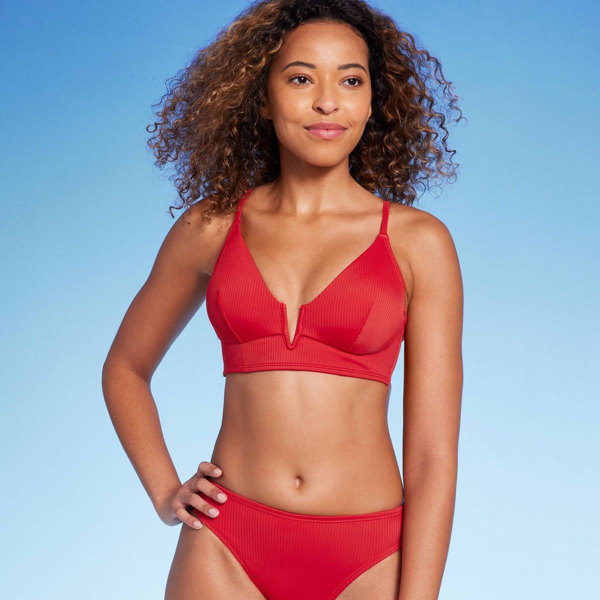 Women's Ribbed Longline V-Wire Bikini Top - Shade & Shore™ Red 32A | Target