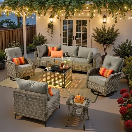 Ovios 8 Pieces Patio Furniture Outdoor Conversation Set Rattan Wicker Outside Sectional Sofa with Swivel Chairs & Solar Light Table, Dark Gray | Walmart (US)