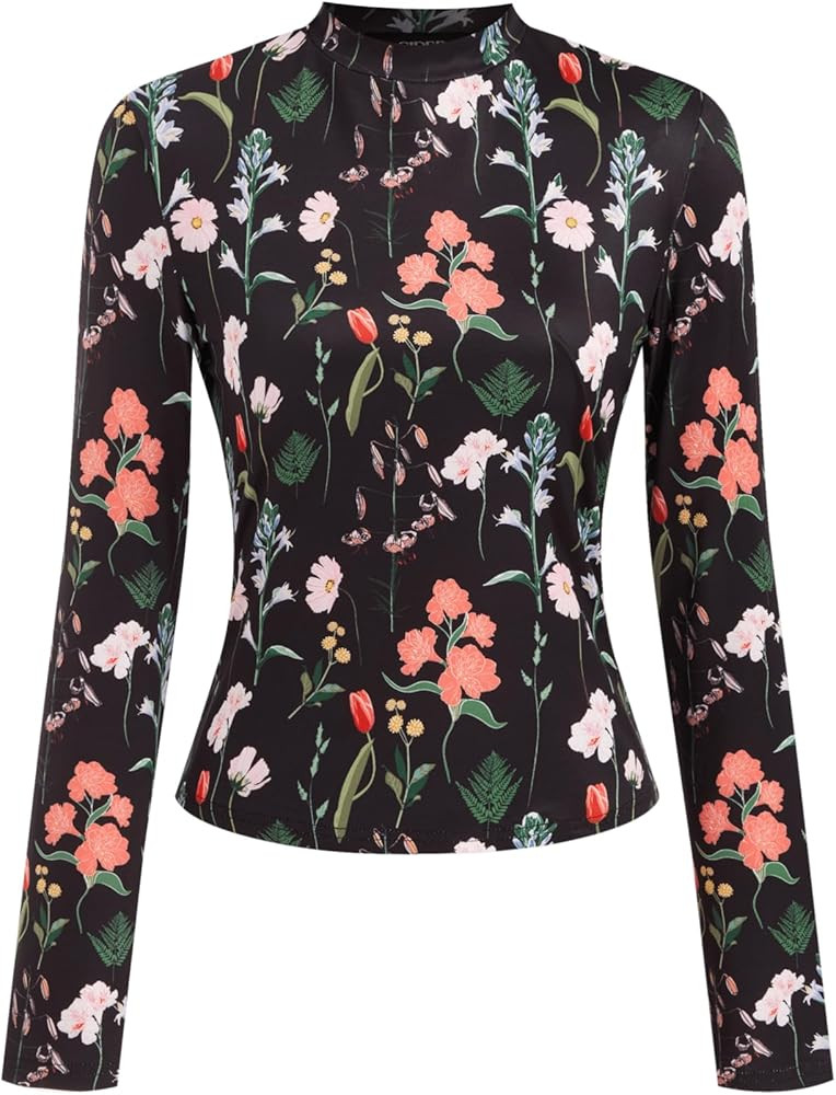 CIDER Women's Floral Knitted Long Sleeve Mock Neck Going Out Slim Fit Tops Fall Outfits Trendy Cl... | Amazon (US)