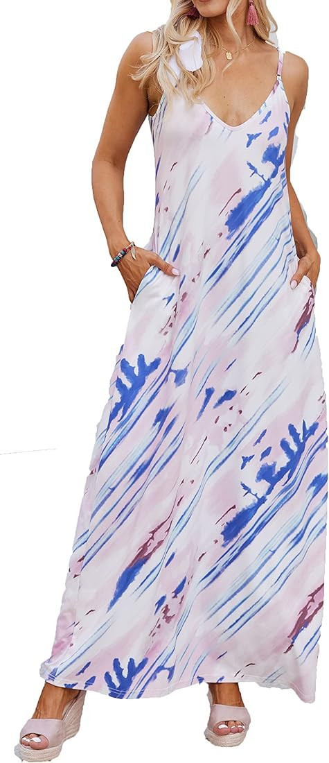 Supnier Women's Summer Casual Floral Printed Bohemian Spaghetti Strap Floral Long Maxi Dress with Po | Amazon (US)