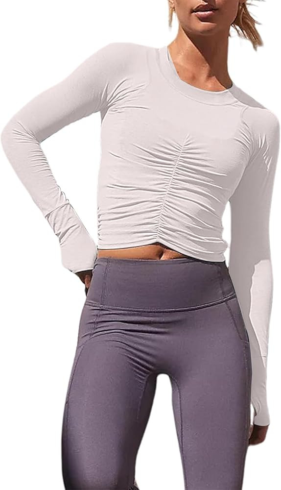 Women's Ruched Long Sleeve Workout Tops Cropped Crew Neck Yoga Atheltic Blouses Y2K Slim Fitted S... | Amazon (US)