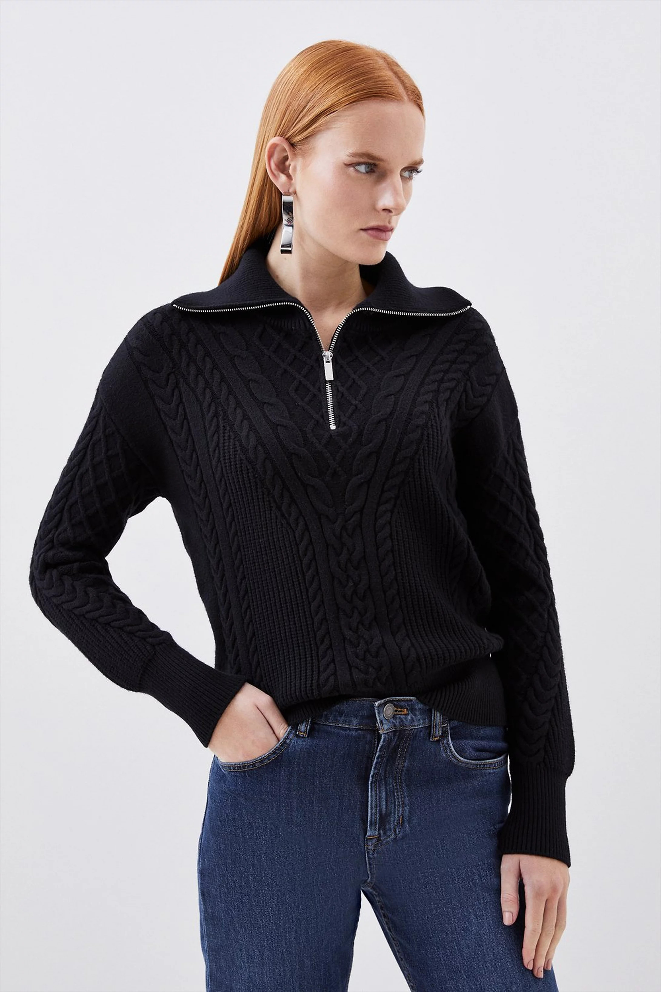 Viscose Blend Collared Zip Cable Knit Jumper | Karen Millen UK + IE + DE + NL