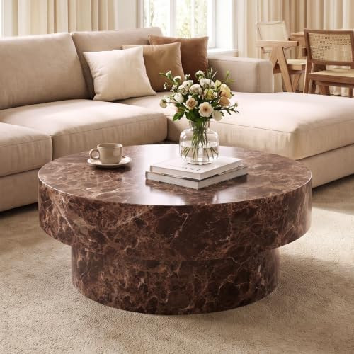 35.5" Round Coffee Table, Modern Faux Marble Concrete Center Table, Brown Pedestal Accent Table f... | Amazon (US)