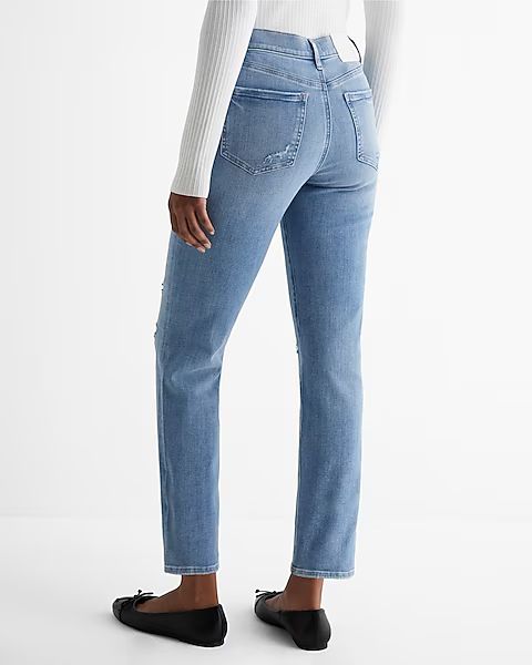 High Waisted Light Wash Ripped Straight Ankle Jeans | Express