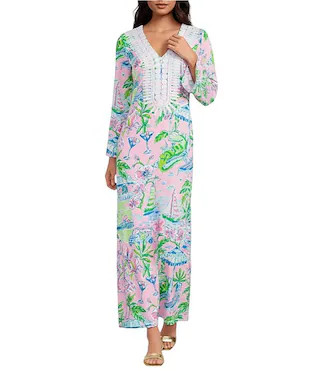 Ocleppo Satin Back Crepe Sunny Dee Print Lily Lace Trim V-Neck Flare Sleeve Maxi Caftan Dress | Dillard's