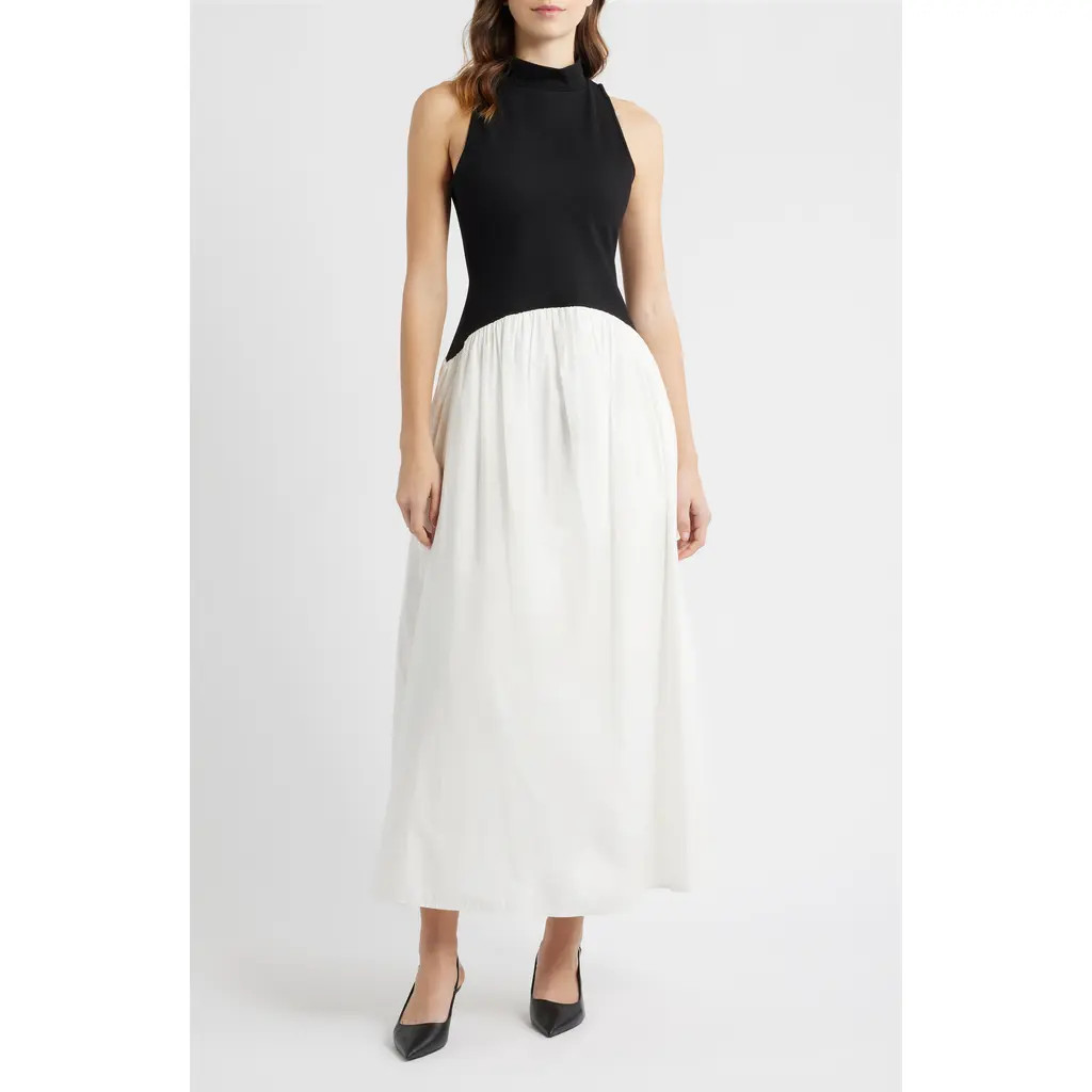 French Connection Mixed Media Ponte & Poplin Maxi Dress in Black-Summer White at Nordstrom Rack, Size Medium | Nordstrom Rack