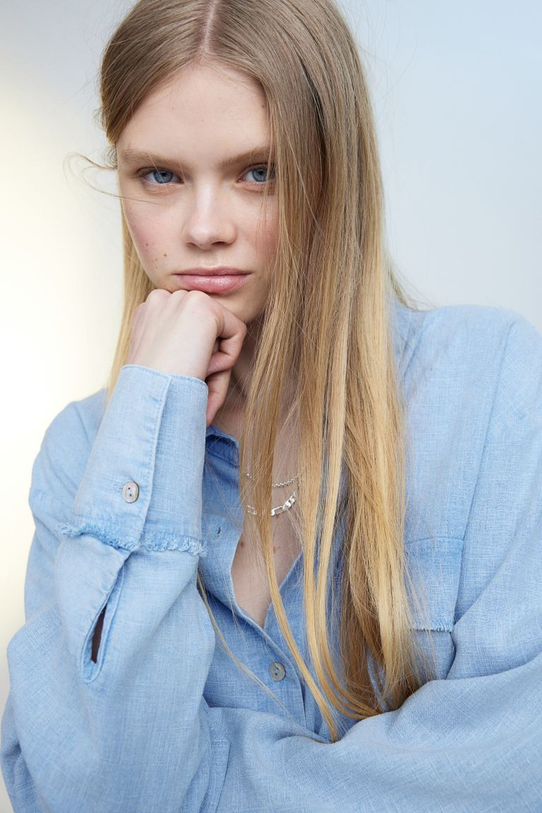 Linen-blend shirt - Long sleeve - Regular length - Blue - Ladies | H&M US | H&M (US + CA)