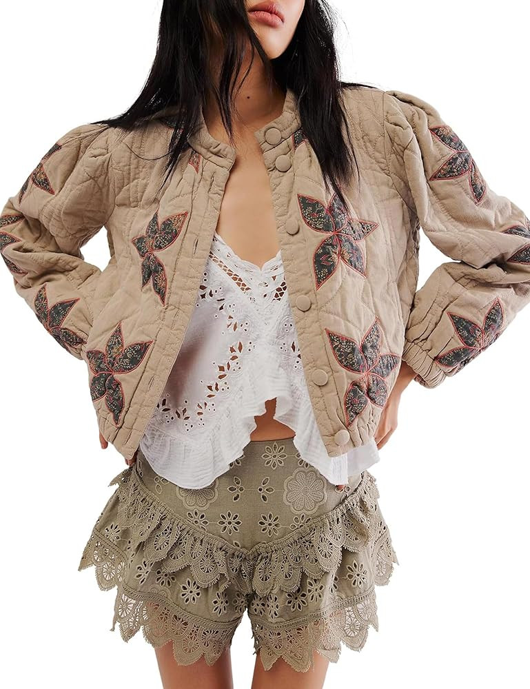 Women’s Floral Quilted Puffer Jacket Lightweight Cropped Embroidered Button Down Jacket Padded ... | Amazon (US)