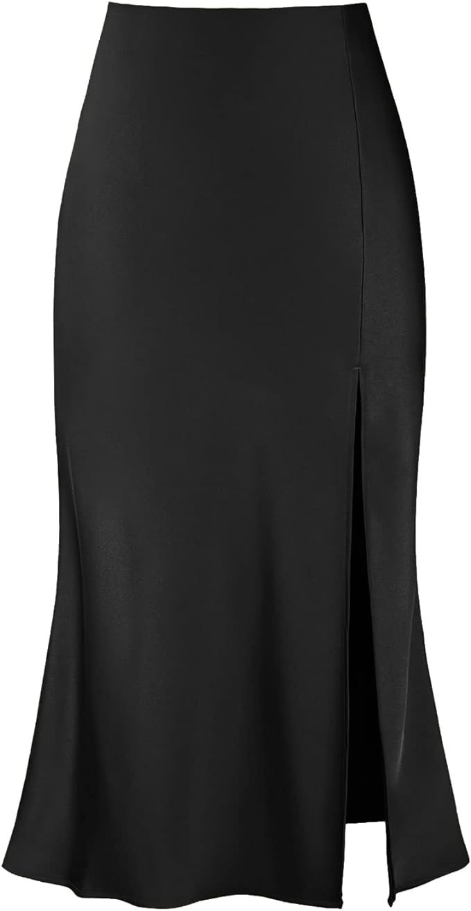 Modegal Women's Sexy Satin Side Split Thigh High Waisted Casual A Line Midi Skirt | Amazon (US)
