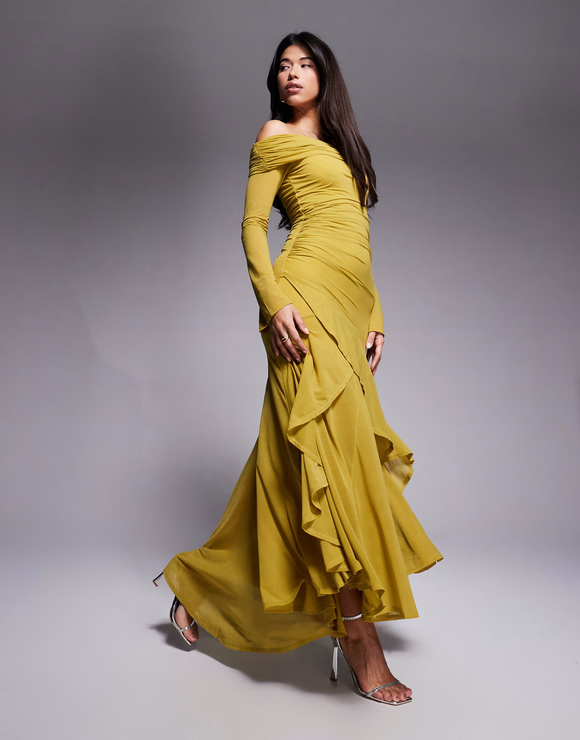 ASOS DESIGN stretch chiffon long sleeve bardot maxi dress with ruffle hem in olive green | ASOS (Global)