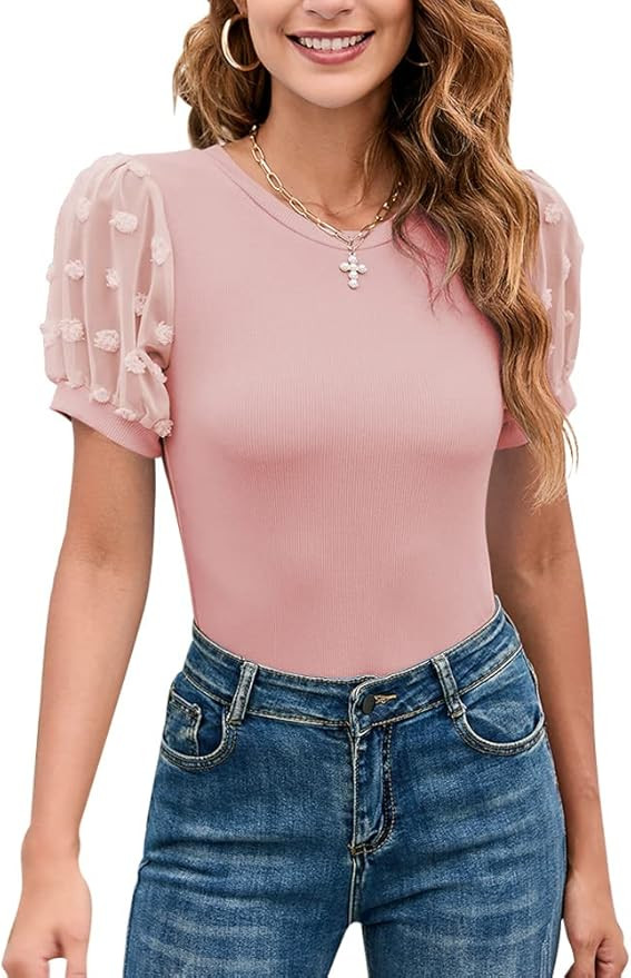 Women's Round Neck Slim Fit Swiss Dots Mesh Puff Sleeve Bodysuits Casual Ribbed Knit Jumpsuit Top... | Amazon (US)