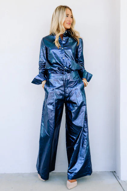 San Marino Metallic Linen Dark Blue Blouse | The Willow Tree