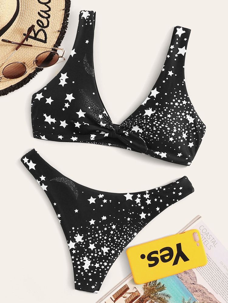 Random Star Print Tie Front Bikini Set | SHEIN