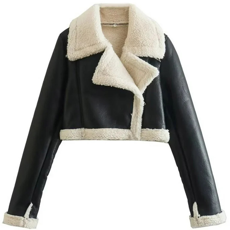 Women Leather Jacket Faux-Fur Moto Jacket Thicken Fleece Lined Parka Winter Shearling Fluffy Coat... | Walmart (US)