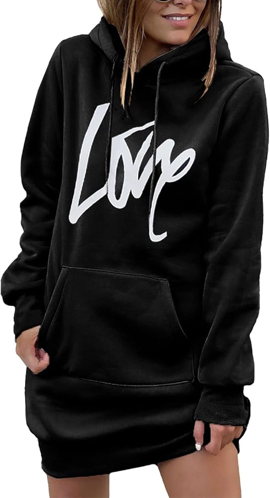 PRETTYGARDEN Women's Hooded Sweatshirt Drawstring Lightweight Long Sleeve Pullover Hoodie Dress | Amazon (US)