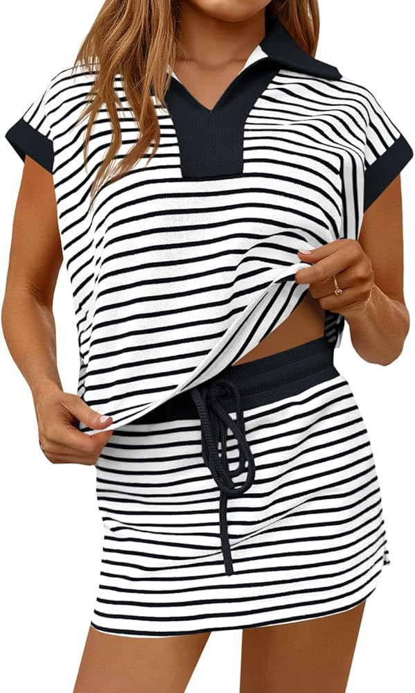 Fisoew Womens Striped 2 Piece Outfits Casual Sweatshirt Skirt Set Short Sleeve Skort Workout Set ... | Amazon (US)