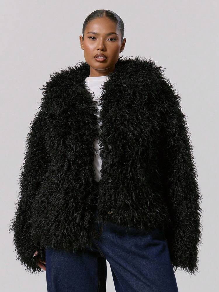 MUSERA Shaggy Fur Plus Size Collar Coat Outerwear Coat Curve | SHEIN