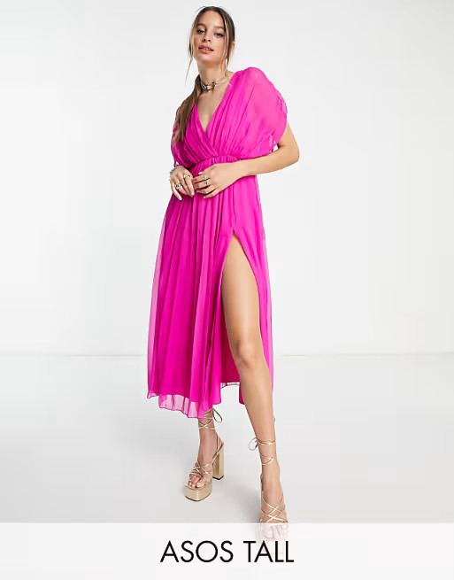 ASOS DESIGN Tall pleated wrap front midi dress in magenta | ASOS (Global)