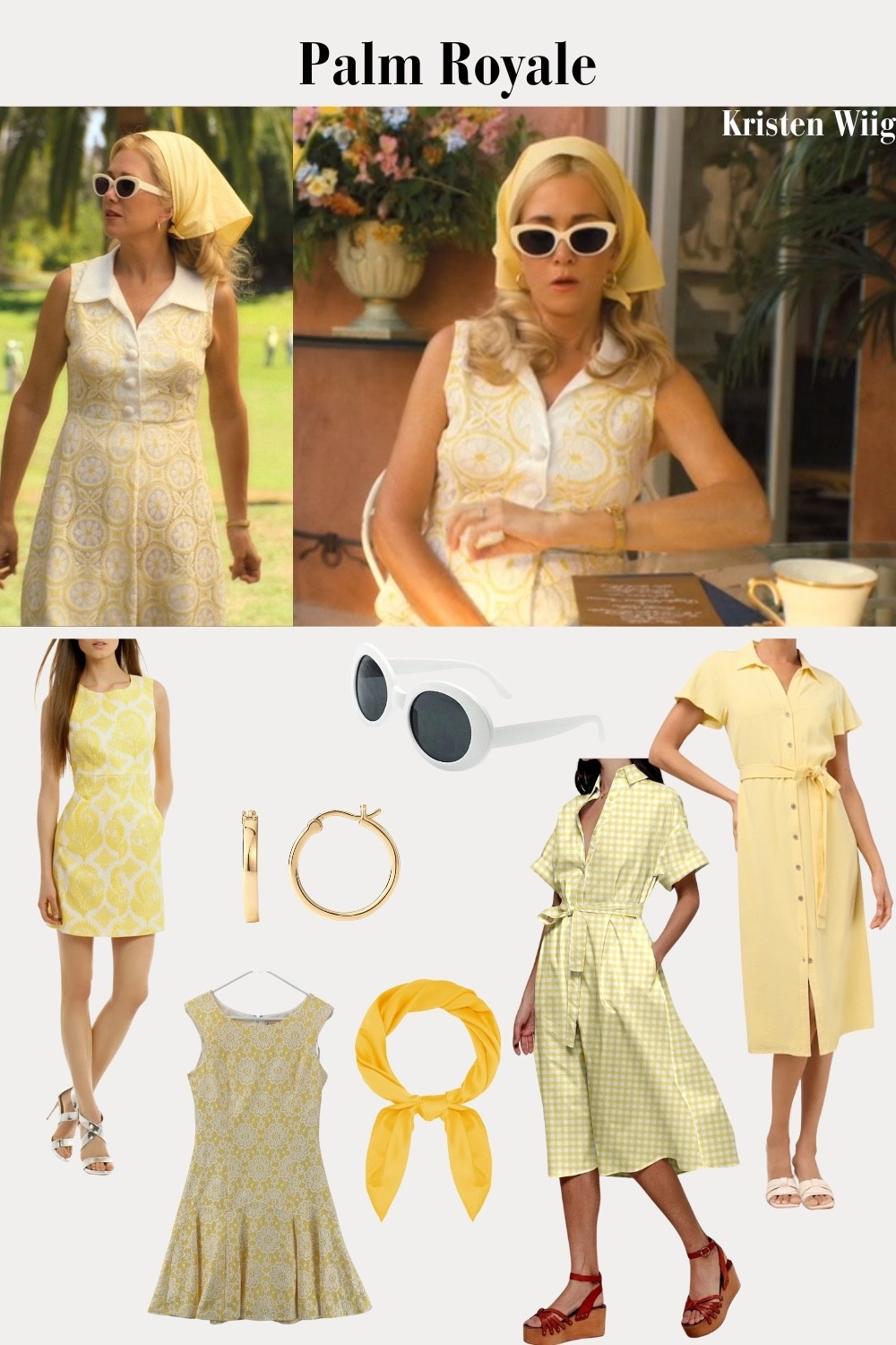 Maxine Simmons Outfit 1 Episode 5 - Maxine wearing a white and yellow dress with large buttons, cat-eye sunglasses, and a yellow bandana.