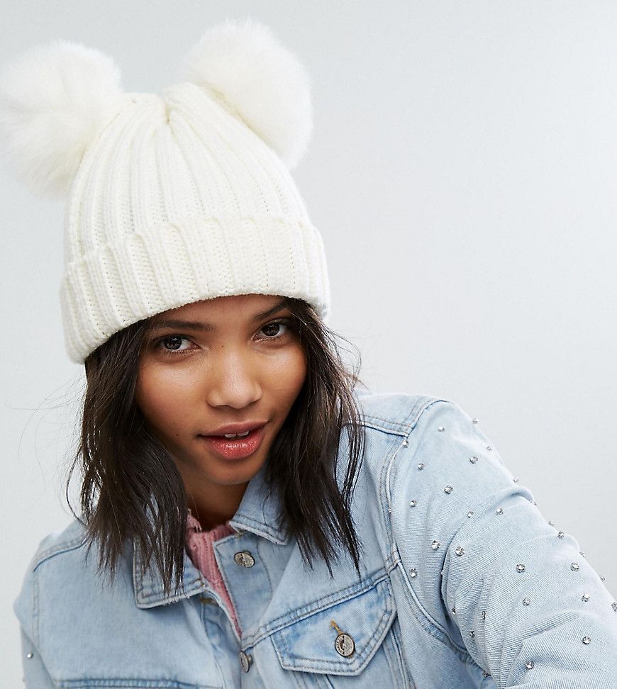 My Accessories Beanie with Double Faux Fur Pom - Cream | ASOS US