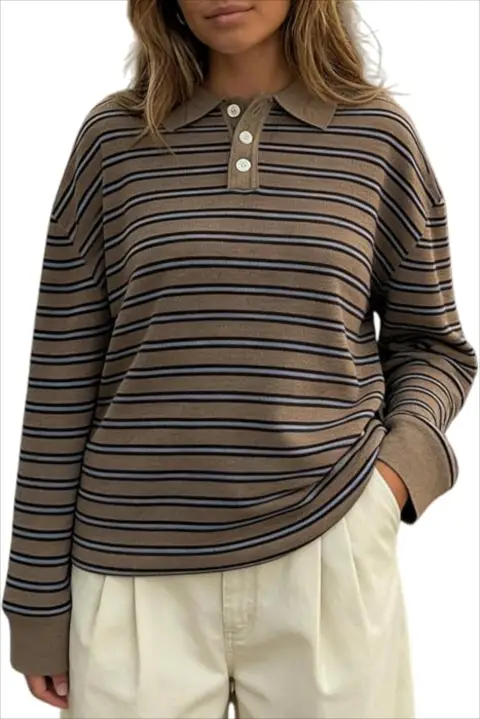 Oversized Striped Sweater for Women Collared Long Sleeve Preppy Polo Sweater Vintage Aesthetic Kn...