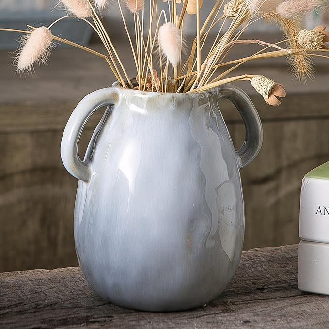 Grey Ceramic Vase with 2 Handles, Modern Farmhouse Vase for Home Decor, Rustic Terracotta Vase, D... | Amazon (US)