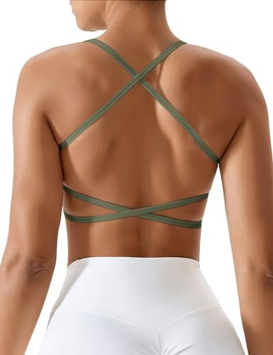 Vertvie Women's Strappy Sports Bras Backless Criss Cross Open Back Bras Padded Workout Yoga Bras Low Impact Bra(Military Green,) | Amazon (US)
