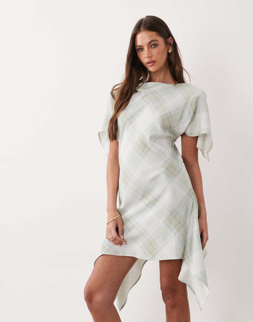 ASOS DESIGN angel sleeve flippy mini dress in green check | ASOS (Global)