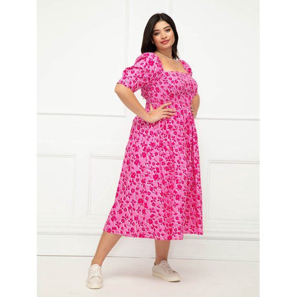 ELOQUII Elements Women's Plus Size Floral Print Fit N' Flare Dress - Walmart.com | Walmart (US)