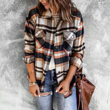 Womens Geometric Plaid Print Pocketed Shacket | SHEIN