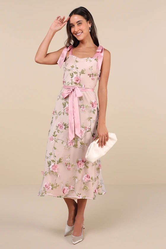 Authentic Sweetness Pink Floral Applique Tie-Strap Midi Dress | Lulus