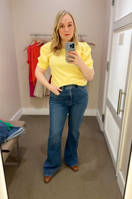 The most perfect top. Puffed sleeve, sweatshirt material and yellow. Jeans size 30 and regular length. They are a touch longer and I'm going to order them in short. #hocspring 