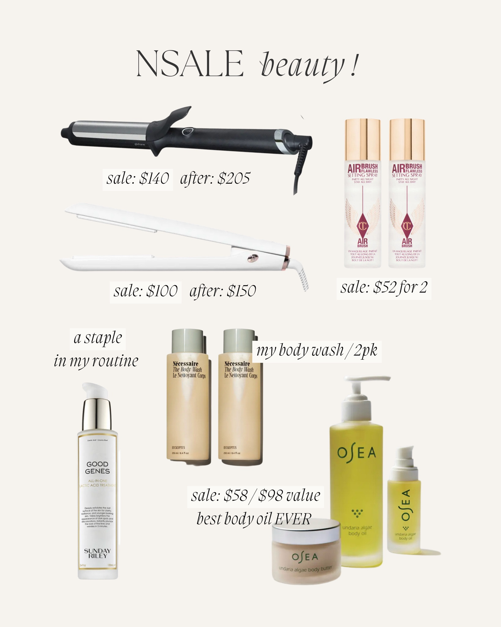 Beauty faves on sale - log into your Nordstrom account to access when you can shop the sale 🫶🏼 I am buying this curling iron I’ve heard such great things! Love my straightener + this body oil is the most hydrating for your skin I’m obsessed!! All products I love and use  

#LTKsalealert #LTKbeauty #LTKxNSale