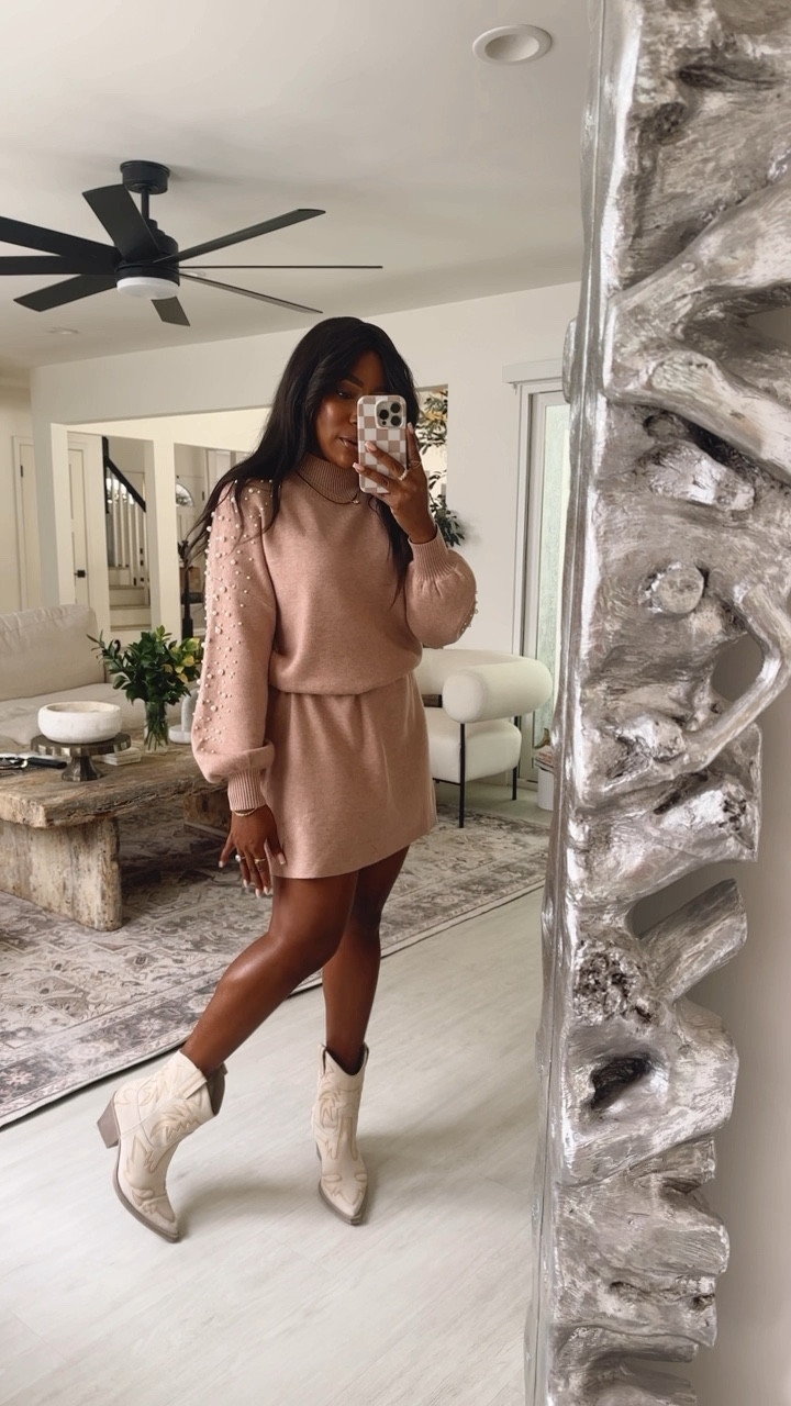 Spring dress on major sale! 
30% off in the LTK app! 

size: medium, size down! Super oversized! 

Sweater dress, pearl dress, pearl sleeves, baby pink dress, pink long sleeve dress, spring dress, church outfit, cowgirl boots, cowboy boots, cream boots, white boots, cream cowgirl boots, white cowgirl boots, spring outfit, Whitney wiley 

#LTKVideo #LTKSpringSale #LTKsalealert