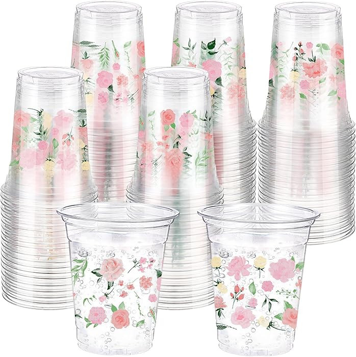 Hushee 60 Pcs Pink Floral Cups with Spring Summer Flower 16 oz Wildflowers Plastic Disposable Dri... | Amazon (US)